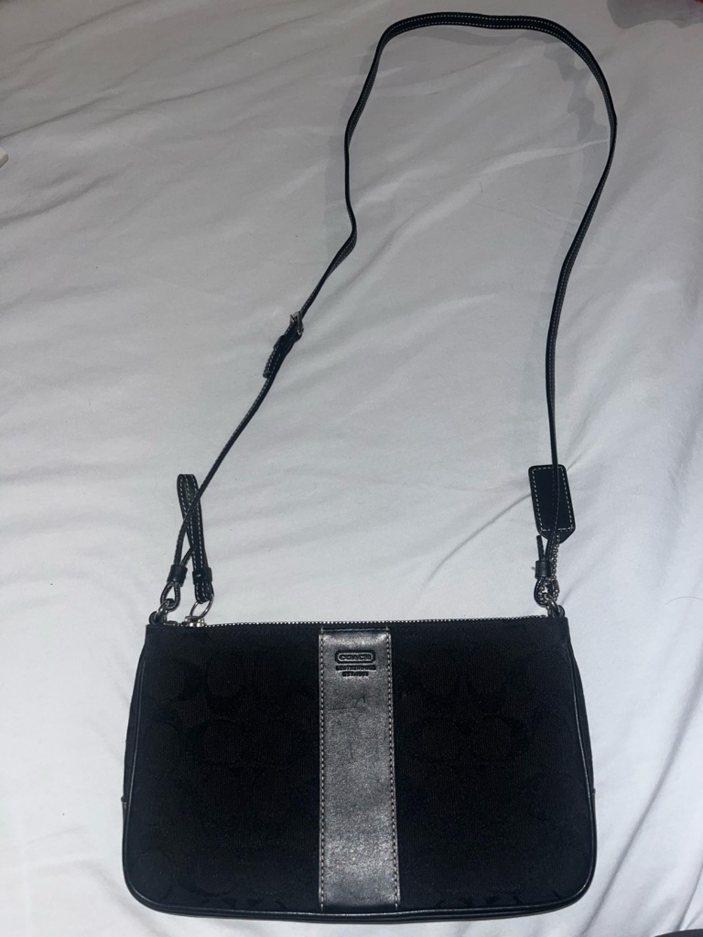 Coach Black Crossbody Bag with Silver Center Stripe